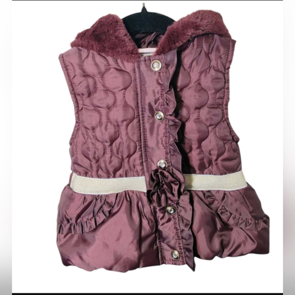 little Lass Plum Quilted Hooded Vest with Cream Belt